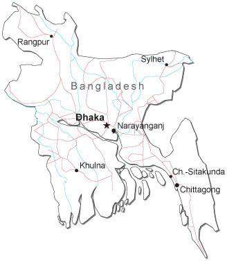 Bangladesh Black & White Map with Capital, Major Cities, Roads, and Water Features