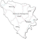 Bosnia & Herzegovina Black & White Map with Capital, Major Cities, Roads, and Water Features