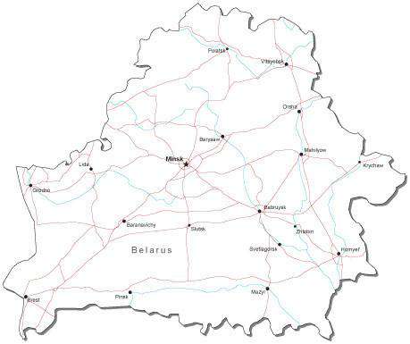 Belarus Black & White Map with Capital, Major Cities, Roads, and Water Features