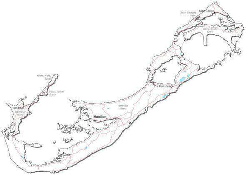 Bermuda Black & White Map with Capital Major Cities and Roads