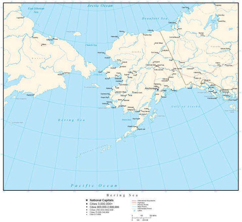 Bering Sea Map with Country Boundaries, Capitals, Cities, Roads and Water Features