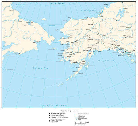 Bering Sea Map with Country Boundaries, Capitals, Cities, Roads and Water Features