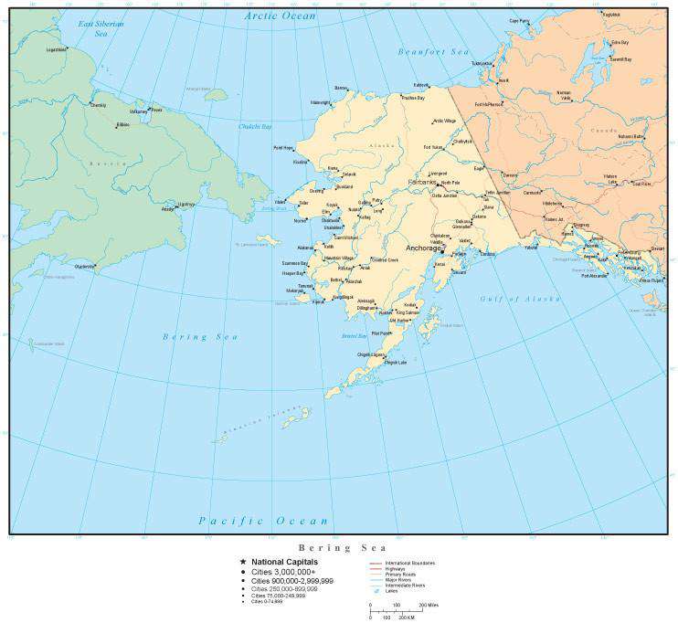 Bering Sea Map with Alaska and Country Areas, Cities and Major Roads