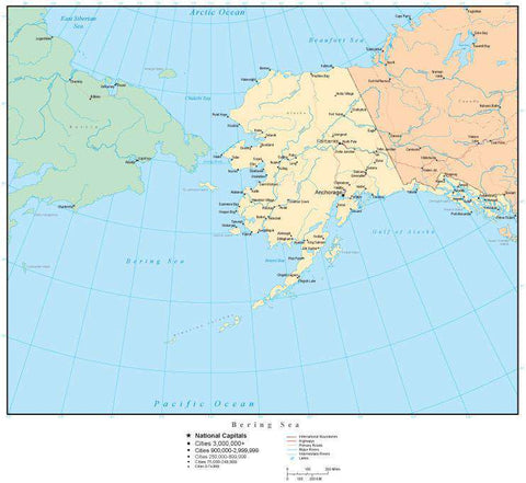 Bering Sea Map with Country Areas, Capitals, Cities, Roads, and Water Features