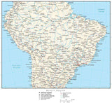 Brazil Region Map with Country Boundaries, Capitals, Cities, Roads and Water Features