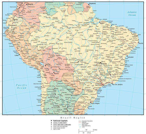 Brazil Region Map with Countries, Capitals, Cities, Roads and Water Features