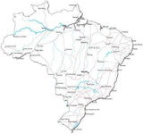 Brazil Black & White Map with Capital, Major Cities, Roads, and Water Features