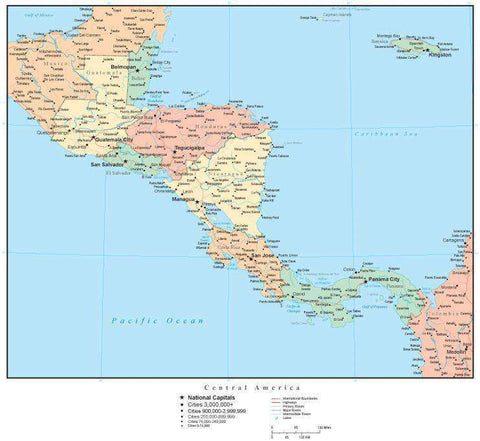 Central America Map with Countries, Capitals, Cities, Roads and Water Features