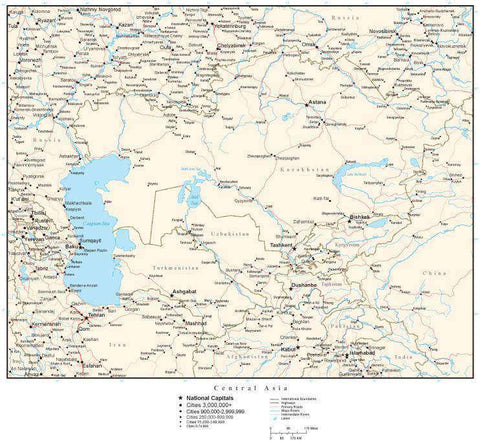 Central Asia Map with Country Boundaries, Capitals, Cities, Roads and Water Features
