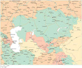 Multi Color Central Asia Map with Countries, Capitals, Major Cities and Water Features