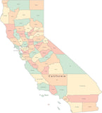 Multi Color California Map with Counties and County Names