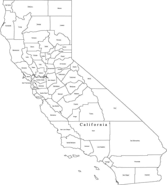 Black & White California Digital Map with Counties