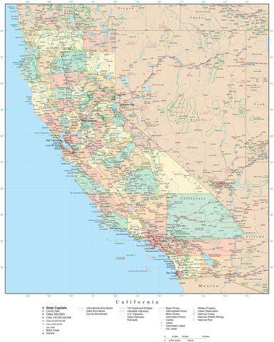 Detailed California Digital Map with Counties, Cities, Highways, Railroads, Airports, and more