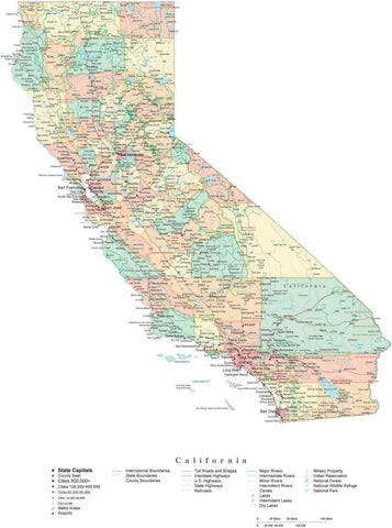 Detailed California Cut-Out Style Digital Map with Counties, Cities, Highways, and more