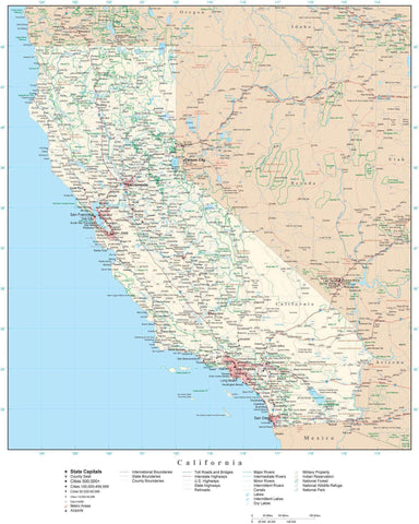 Detailed California Digital Map with County Boundaries, Cities, Highways, and more