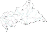 Central African Republic Black & White Map with Capital, Major Cities, Roads, and Water Features