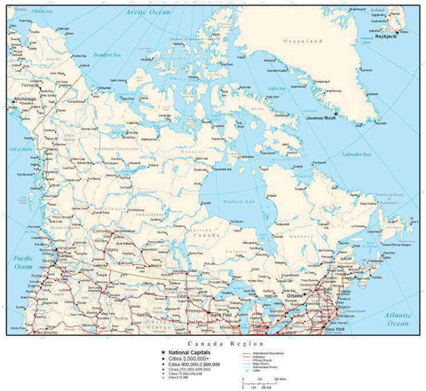 Canada Region Map with Country Boundaries, Canadian Provinces, Major Cities, Roads, Rivers and Lakes