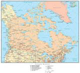 Canada Region Map with Countries, Canadian Provinces, Capitals, Cities, Roads and Water Features