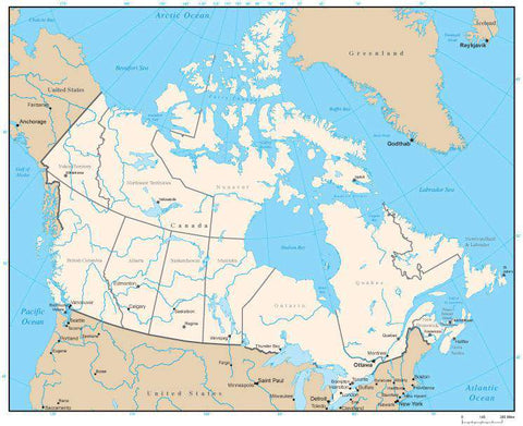 Canada Digital Vector Map with Province Areas and Capitals