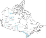 Canada Black & White Map with Capital, Major Cities, Roads, and Water Features