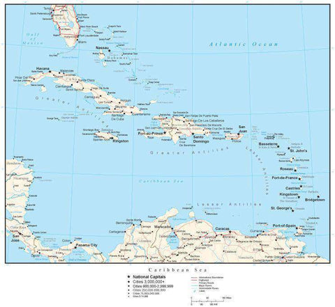 Caribbean Map with Country Boundaries, Capitals, Cities, Roads and Water Features