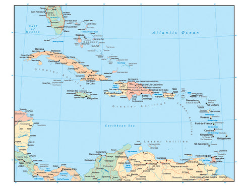 Caribbean Map with Countries, Capitals, Cities, Roads and Water Features