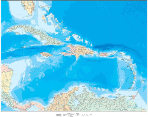 Digital Poster Size Caribbean Sea Contour map in Adobe Illustrator vector format.