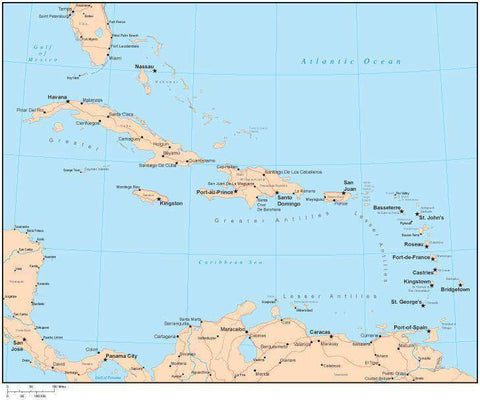 Single Color Caribbean Sea Map with Countries, Capitals, Major Cities and Water Features