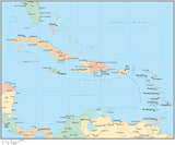Multi Color Caribbean Sea Map with Countries, Capitals, Major Cities and Water Features
