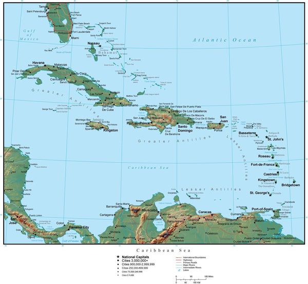 Caribbean Terrain map in Adobe Illustrator vector format with Photoshop ...