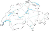 Switzerland Black & White Map with Capital, Major Cities, Roads, and Water Features