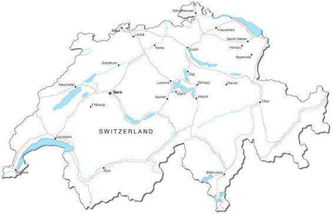 Switzerland Black & White Map with Capital, Major Cities, Roads, and Water Features