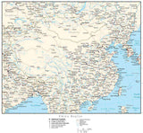 China Region Map with Country Boundaries, Capitals, Cities, Roads and Water Features