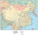 China Region Map with Countries, Capitals, Cities, Roads and Water Features