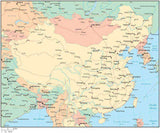 Multi Color China Map with Countries, Capitals, Major Cities and Water Features