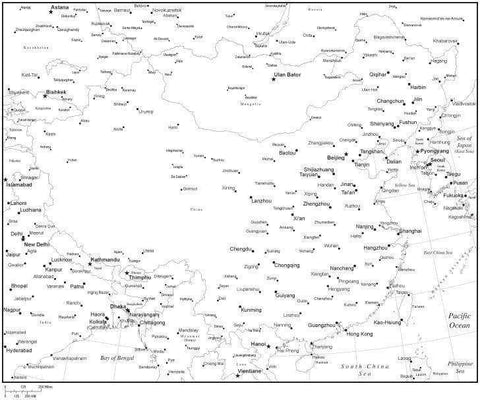 Black & White China Map with Countries, Capitals and Major Cities - CHN-XX-533940