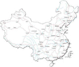 China Black & White Map with Capital, Major Cities, Roads, and Water Features
