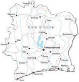 Cote d'Ivoire Black & White Map with Capital, Major Cities, Roads, and Water Features