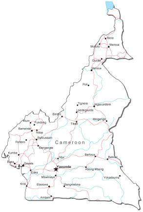 Cameroon Black & White Map with Capital, Major Cities, Roads, and Water Features