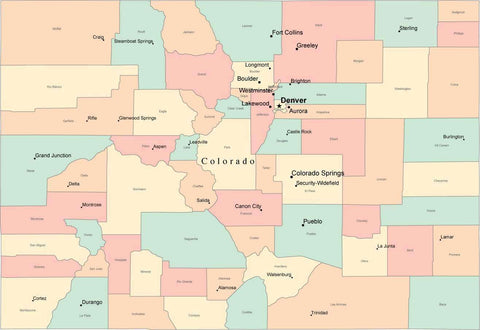 Multi Color Colorado Map with Counties, Capitals, and Major Cities