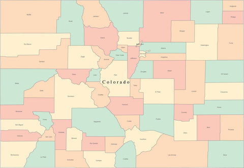 Multi Color Colorado Map with Counties and County Names