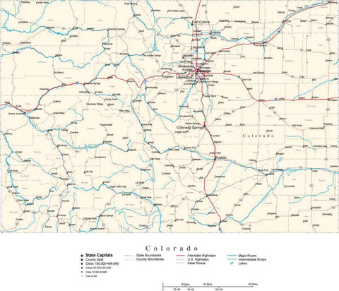 Colorado Map - Cut Out Style - with Capital, County Boundaries, Cities, Roads, and Water Features
