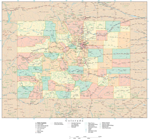 Detailed Colorado Digital Map with Counties, Cities, Highways, Railroads, Airports, and more