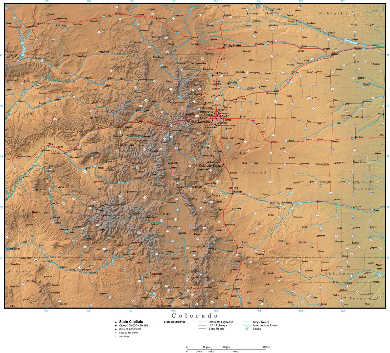 Colorado State Map Plus Terrain with Cities & Roads