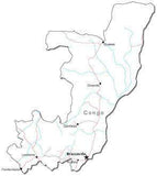 Congo Black & White Map with Capital, Major Cities, Roads, and Water Features