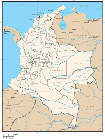 Colombia Digital Vector Map with Departments and Capitals