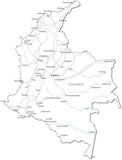 Colombia Black & White Map with Capital, Major Cities, Roads, and Water Features