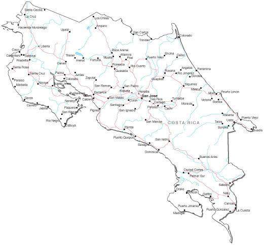 Kostarika černá \u0026 bílá cestovní mapa vKostarika černá \u0026 bílá cestovní mapa v  
