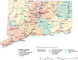 Connecticut State Map - Multi-Color Cut-Out Style - with Counties, Cities, County Seats, Major Roads, Rivers and Lakes