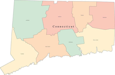 Multi Color Connecticut Map with Counties and County Names